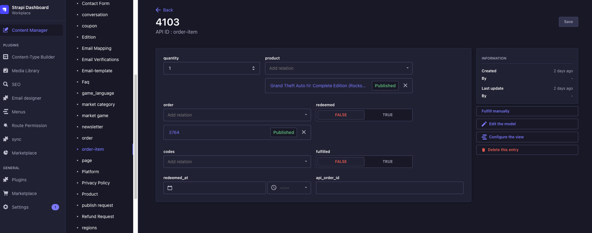 Custom Fulfill button on an Order Item in the Strapi admin