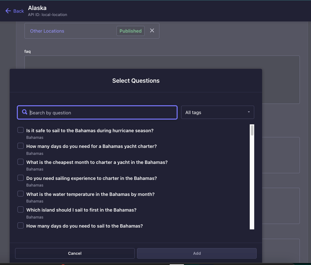 Custom field to search and select FAQs from a content library